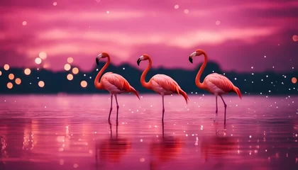 Poster Flamingo birds on the lake at sunset. Pink and purple colors. © Muhammad
