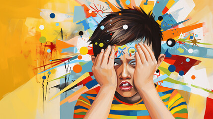 Illustration in bright colors as a painting with a portrait of a child who is overwhelmed by many influences and reacts with illness such as headaches or a vulnerable immune system
 - obrazy, fototapety, plakaty