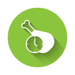 White Food time icon isolated with long shadow background. Time to eat. Green circle button. Vector