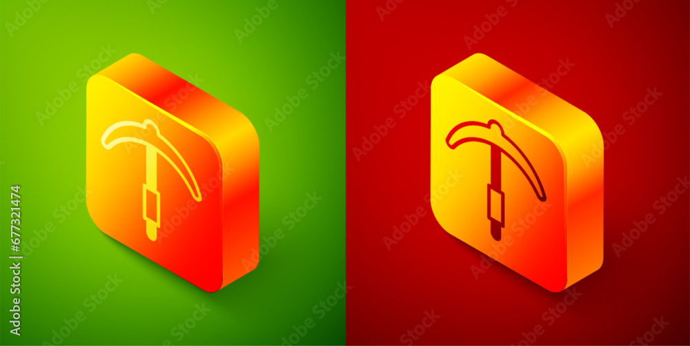 Poster isometric pickaxe icon isolated on green and red background. square button. vector