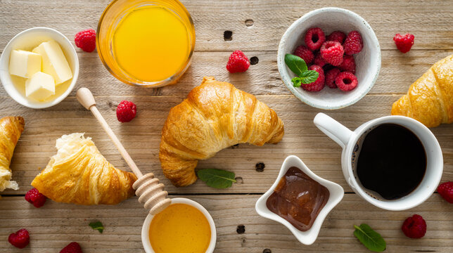 Continental breakfast with croissants, orange juice and cup of coffee on wooden table top view. Healthy breakfast eating, various morning food concept