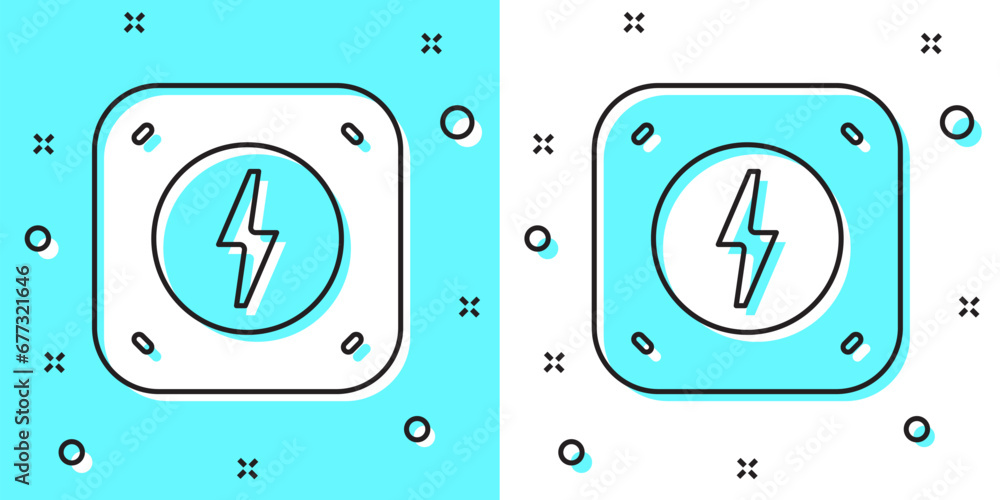 Poster black line lightning bolt icon isolated on green and white background. flash sign. charge flash icon