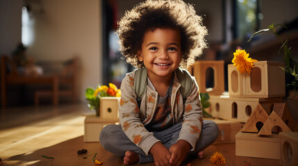 happy african american boy playing in his room, black history month - obrazy, fototapety, plakaty