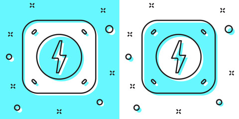 Black line Lightning bolt icon isolated on green and white background. Flash sign. Charge flash icon. Thunder bolt. Lighting strike. Random dynamic shapes. Vector