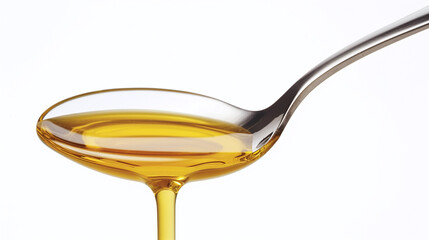spoon with yellow golden honey or cooking oil isolated against white background