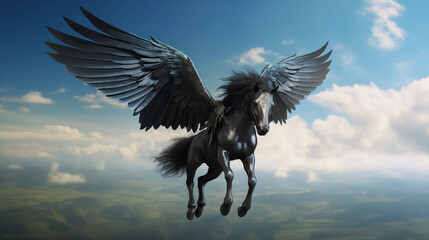 Pegasus soaring high, freedom in the expanse of skies.