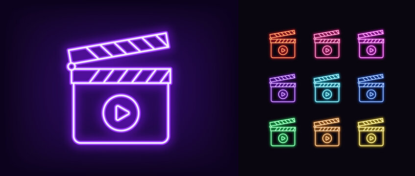 Outline neon clapperboard icon. Glowing neon clapper board with play sign. Cinema editor, video production, movie shooting, music clip recording. Filmmaking studio, multimedia editor. Vector icon set