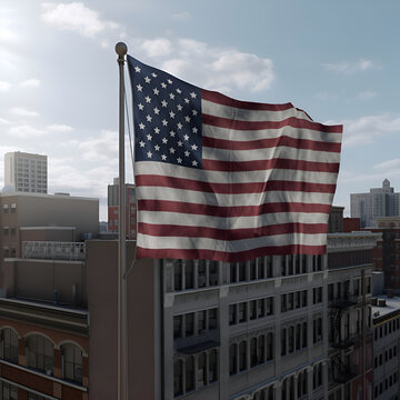 American flag waving in the wind over the city. 3d render