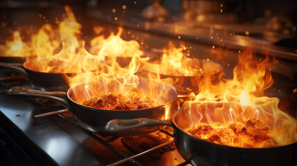 Multiple pans on fire, a dramatic scene of culinary flare.