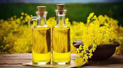 Still life with rapeseed oil in bottles with rape flowers as decortation on a wooden table against a green background
