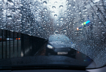 Windscreen wiper trace on car's window glass background - obrazy, fototapety, plakaty