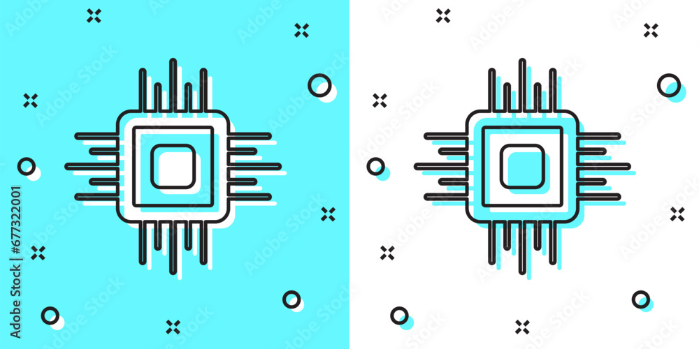 Poster black line computer processor with microcircuits cpu icon isolated on green and white background. ch