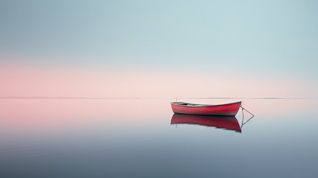  a small red boat floating on top of a lake next to a shore covered in fog and low lying clouds.