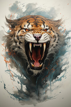 Angry Tiger portrait on light background. Created with Generative AI