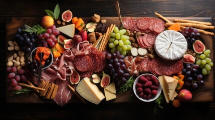  a platter of assorted meats, cheeses, grapes, nuts, and cheeses on a wooden cutting board.