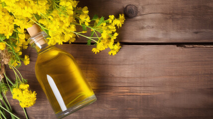 top view Still life with rapeseed oil in bottles and rape flowers as decortation on a wooden table with text space - obrazy, fototapety, plakaty