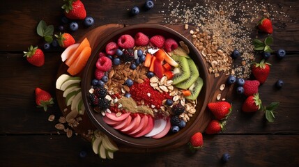  a bowl of fruit, nuts, berries, kiwis, oranges, and strawberries on a wooden table.