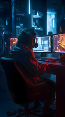 Cyber attack concept. Young man in hoodie sitting at computer and looking at monitor.