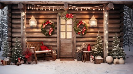  a christmas scene of a log cabin with a rocking chair and christmas wreaths on the front of the cabin. - obrazy, fototapety, plakaty