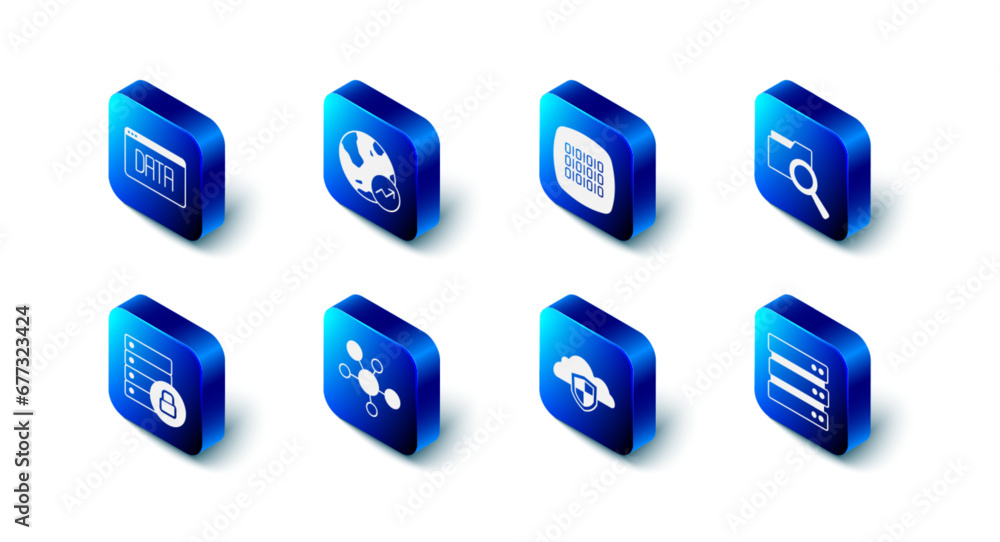 Poster set financial growth, binary code, search with folder, server, cloud and shield, mind map infographi