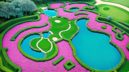 Aerial view of pink garden maze with ponds. Drone perspective on labyrinthian hedges framing pink flowers and blue water ponds.