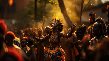 Women of an indigenous tribe dancing and making gestures of praise - obrazy, fototapety, plakaty