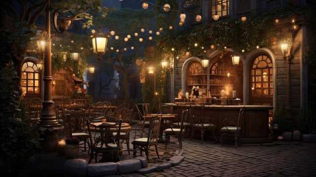  a restaurant with a lot of tables and chairs in the middle of a courtyard with lanterns hanging from the ceiling.