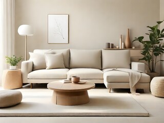Modern living room with geometric rug and plants