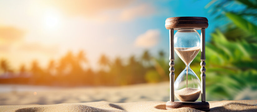 hourglass on sand, summer banner, generative ai