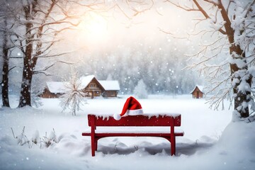 Christmas art card. Santa hat on a bench in the snow against the background of the Christmas winter forest. Village house in the background. Wonderland
