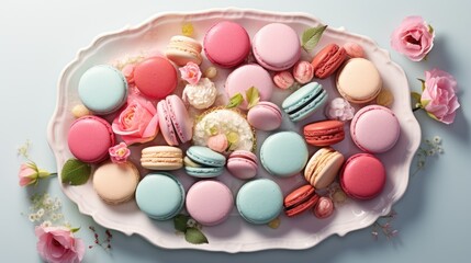  a white plate topped with lots of different colored macaroons next to a pink flower on top of a table.