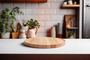 Kitchen table podium on blurred background. Wooden round desk in the cottage core modern kitchen interior. Empty product display.