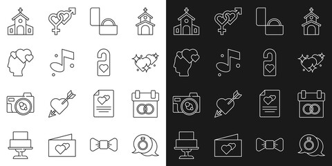 Set line Diamond engagement ring, Calendar, Two Linked Hearts, Music note, Head with heart, Church building and Please do disturb icon. Vector