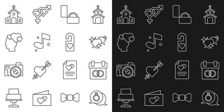 Set line Diamond engagement ring, Calendar, Two Linked Hearts, Music note, Head with heart, Church building and Please do disturb icon. Vector