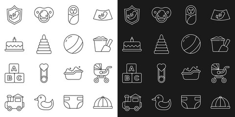 Set line Baby hat, stroller, Sand in bucket with shovel, Newborn baby infant swaddled, Pyramid toy, Cake burning candles, on shield and Beach ball icon. Vector