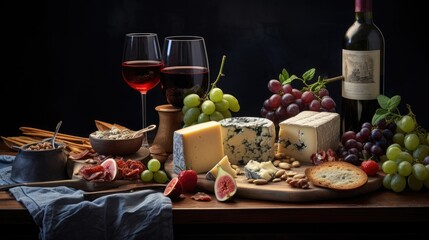  a variety of cheeses, grapes, nuts, and wine are on a table with a bottle of wine.