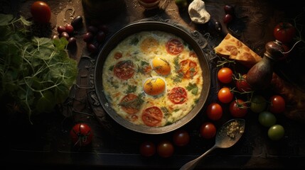  a pan of food on a table with tomatoes, cheese, and other vegetables around it with a knife and fork.