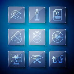 Set line Monitor with cardiogram, Stretcher, Blood pressure, Clinical record, Human spine, Medicine pill tablet, Dialogue the doctor and Heart rate icon. Vector