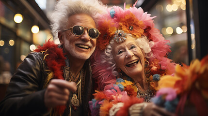 elderly couple dressed up at carnival, typical carnival masks