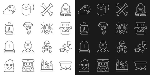 Set line Halloween witch cauldron, Flying bat, Chocolate bar, Crossed bones, Psilocybin mushroom, Camping lantern, Moon and stars and Spider icon. Vector