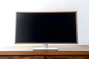TV screen on the wooden table with white wall background. stock photo