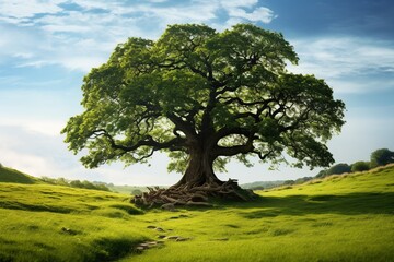 An ancient oak tree with sprawling branches, standing alone in a field of green