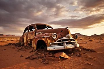Photo sur Plexiglas Voitures anciennes An abandoned vintage car half-buried in the desert, succumbing to rust and time