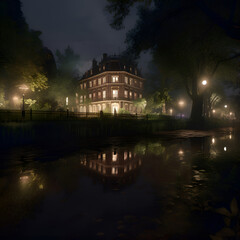 Fototapeta na wymiar Night view of old house in the park with reflection in the water