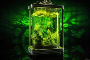Algae bioreactor glowing with green luminescence