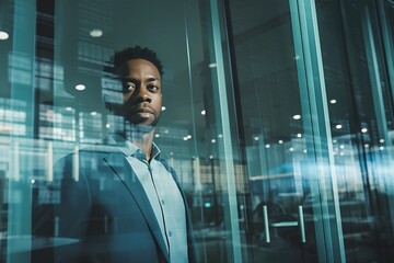 Fototapeta premium Homme noir en costume, sérieux, derrière les vitres d'un immeuble. Black man in a suit, serious, behind the windows of a building.