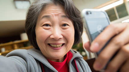 Closeup selfie portrait of happy smiling senior asian woman indoor