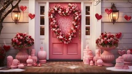  a pink front door decorated with a heart shaped wreath and pink vases of flowers and other pink vases.