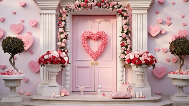  a couple of vases filled with flowers sitting in front of a pink door with hearts on the side of it.
