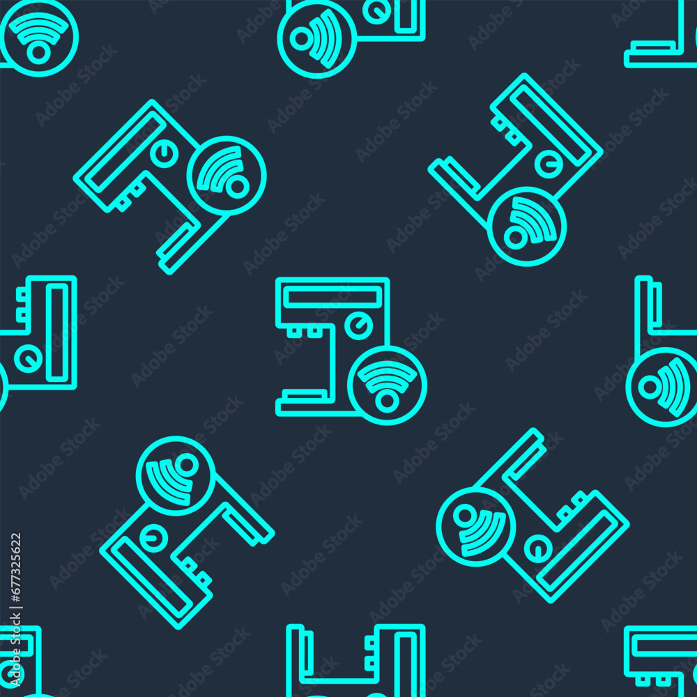 Poster green line smart coffee machine system icon isolated seamless pattern on blue background. internet o